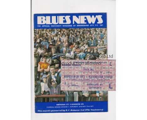 MANCHESTER UNITED     Programme, team changes and scores entered and ticket for the away League match v Birmingham City 22/1/