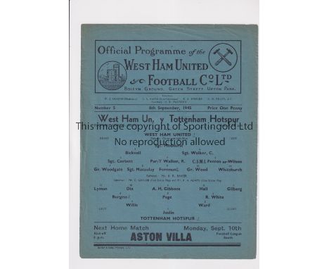 TOTTENHAM HOTSPUR     Single sheet programme for the away FL South match v West Ham United 8/9/45.    Generally good