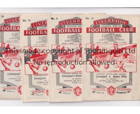 LIVERPOOL      Ten home programmes for the 1952/3 season v Aston Villa, Middlesbrough, Blackpool, Burnley, December and Febru