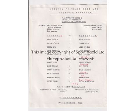 ARSENAL V TOTTENHAM HOTSPUR 1980     Single sheet programme for the FA Youth Cup tie at Arsenal 5/1/1980, team changes and sc
