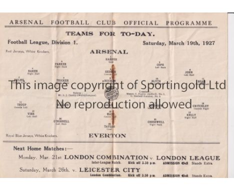 ARSENAL      Programme for the home League match v Everton 19/3/1927, staples removed and vertical fold.    Generally good