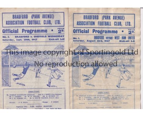 BRADFORD PARK AVENUE        Two home programmes v West Ham United 23/8/1947 and Sheffield Wednesday 20/9/1947 Staple replaced