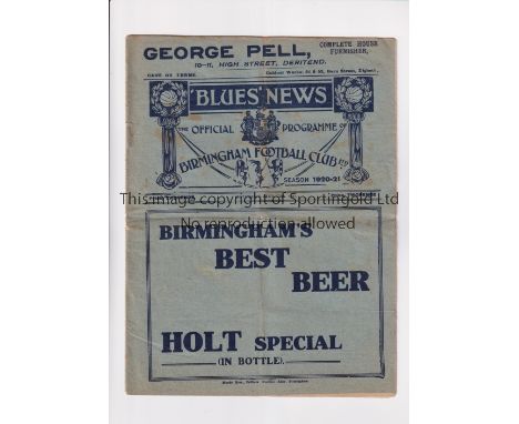 BIRMINGHAM        Programme for the home Birmingham League match v Worcester City 12/3/1921, folded in four, minor tears and 