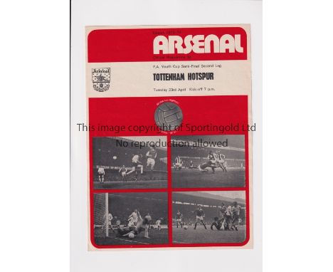 1974 F.A. YOUTH CUP SEMI-FINAL / ARSENAL V TOTTENHAM HOTSPUR      Programme for the 2nd Leg at Arsenal 23/4/1974.     Good