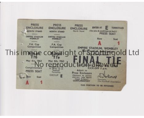 1963 FA CUP FINAL / MANCHESTER UNITED V LEICESTER CITY / TICKET WITH ORIGINAL DATE Tickets for the match were over stamped wi