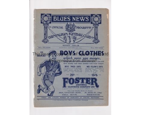 BIRMINGHAM V WEST HAM UNITED 1929         Programme for the League match at Birmingham 4/9/1929, possibly ex-binder with cove