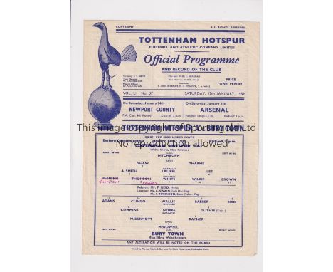 TOTTENHAM HOTSPUR       Single sheet programme for the home Eastern Counties League match v Bury Town 17/1/1959, team changes