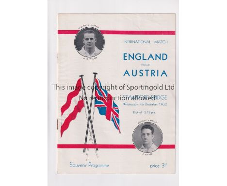 ENGLAND V AUSTRIA 1932 AT CHELSEA         Programme for the International match at Chelsea FC 7/12/1932. Very slightly crease