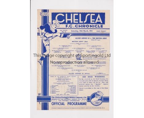 ALLIED ARMIES V THE BRITISH ARMY 1941 AT CHELSEA     Single sheet for the match at Stamford Bridge 15/3/1941, slightly crease