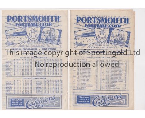 PORTSMOUTH       Two home programmes for the League matches v Millwall 1/9/1945, folded in four, minor wear and paper loss, t