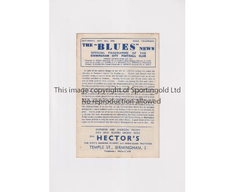 TOTTENHAM HOTSPUR       Programme for the away match v Birmingham City 6/10/1945, scores entered.    Generally good