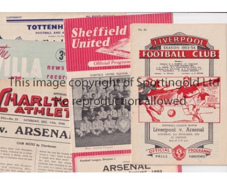 ARSENAL      Six away programmes: Charlton Athletic 48/9 and 50/1, Aston Villa, team changes and scores entered and Tottenham