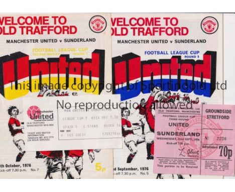 MANCHESTER UNITED     Programme and 2 different tickets for the home League Cup tie v Sunderland 22/9/1976 and a programme fo