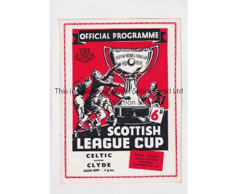 1957 SCOTTISH LEAGUE CUP SEMI FINAL      Programme for Celtic v Clyde at Ibrox Stadium 28/9/1957. Staples removed. Generally 