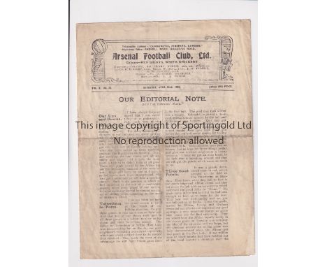 ARSENAL V TOTTENHAM HOTSPUR 1922      Programme for the League match at Arsenal 22/4/1922, folded in four and slightly worn. 