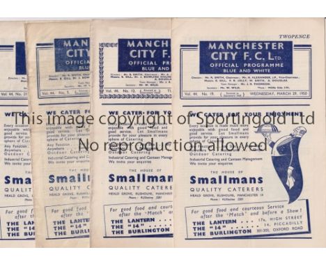 MANCHESTER CITY       Twelve home programmes for season 1949/50 including Arsenal, Manchester United, creased and score on th