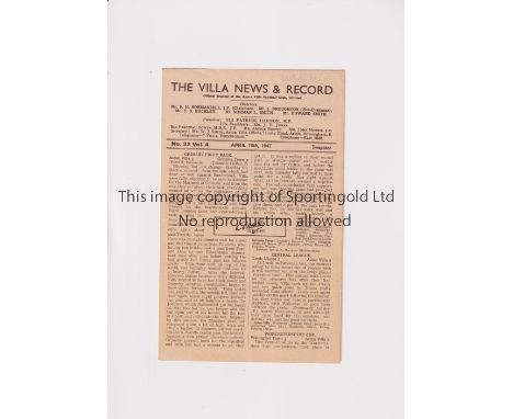 ASTON VILLA V WEST BROM RESERVES 1947    Programme for the Reserves match at Villa on 19/4/1947.   Good