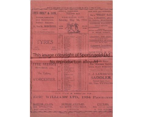 WORCESTER CITY V COLWYN BAY 1934     Programme for the Birmingham League match at Worcester 5/5/1934, horizontal fold.      G