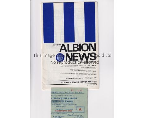 MANCHESTER UNITED     Programme and ticket for the away League match v West Bromwich Albion 14/8/1968. Ticket is slightly cre