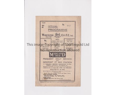WORCESTER CITY V WALSALL 1947     Programme for Birmingham Combination match at Worchester City 10/5/1947. Slightly creased, 