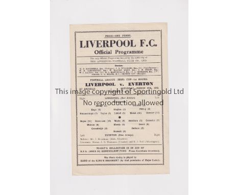 LIVERPOOL V EVERTON 1945 CUP     Single sheet programme for the FL North Cup tie at Liverpool 24/3/1945, slightly creased.   