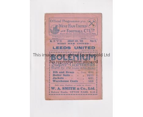 LEEDS UNITED      Programme for the away League match v West Ham United 30/1/1926, cover and pages 1/2 and 7/8 are complete s