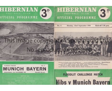 HIBERNIAN V BAYERN MUNICH       Two programmes for the floodlit challenge matches at Hibernian 22/9/1958 and 23/11/1960. Slig