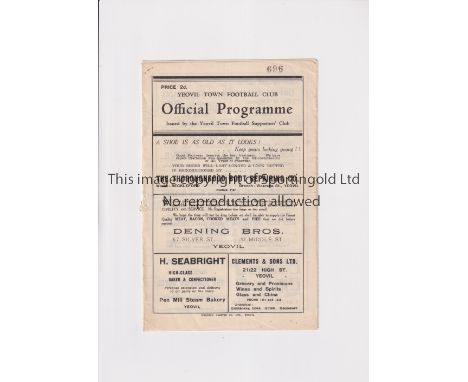 YEOVIL TOWN V WORCESTER CITY 1946      Programme for the match at Yeovil Town 7/9/1946. Slightly creased, staple removed. Gen
