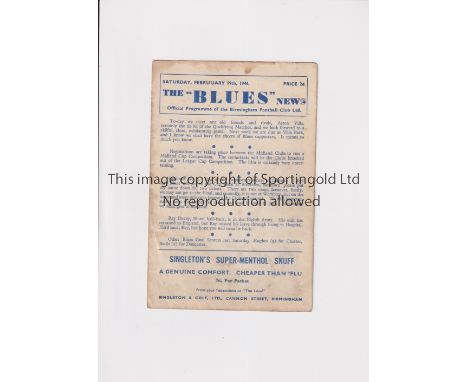 BIRMINGHAM V ASTON VILLA 1944         Programme for the match at Birmingham 19/2/1944, ageing marks and scores entered.    Ge