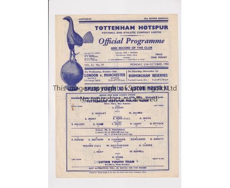 TOTTENHAM HOTSPUR       Single sheet programme for the home SJFC tie v Luton 27/10/58, scores entered.  Programme No. 19.    