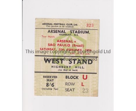 ARSENAL      Ticket for the home Friendly v Portuguesa De Desportos of Sao Paulo, Brazil 20/2/1954.     Good