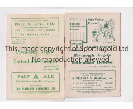 PLYMOUTH ARGYLE V TOTTENHAM HOTSPUR         Two programmes for the League matches at Plymouth 22/11/1952, Combination and 7/5