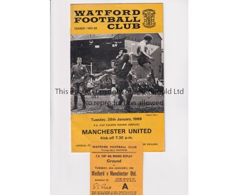 MANCHESTER UNITED      Programme, team changes and scores entered and ticket, slightly creased for the away FA Cup Replay v W