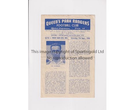 QPR V WEST HAM UNITED 1946     Programme for the home Combination match at QPR 7/9/1946, horizontal fold.     Generally good