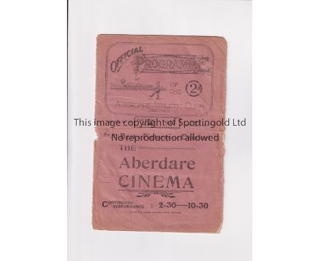 ABERDARE ATHLETIC V MERTHYR TOWN 1924 / FOOTBALL LEAGUE MATCH     Programme for the match at Aberdare 22/4/1924, paper loss f