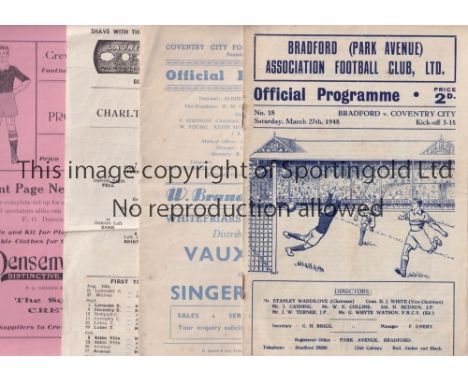 1940'S FOOTBALL PROGRAMMES       Ten programmes: Bradford PA v Coventry City 27/4/1948, Coventry v Aston Villa 27/4/1946, Cha