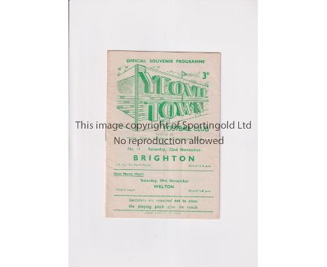 YEOVIL TOWN V BRIGHTON 1952 FA CUP     Programme for the FA Cup first round tie at Yeovil Town, 22/11/1952. Slightly creased.