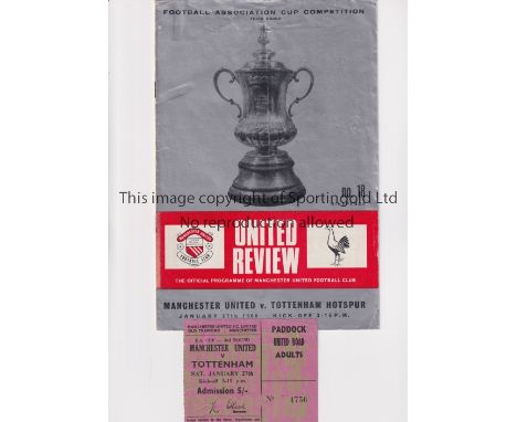 MANCHESTER UNITED V TOTTENHAM HOTSPUR 1968     Programme with team changes, ticket and newspaper cuttings for the FA Cup tie 