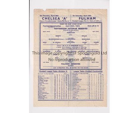 TOTTENHAM HOTSPUR       Single sheet programme for the home Combination match v Fulham Reserves 26/4/49, creased slightly wor