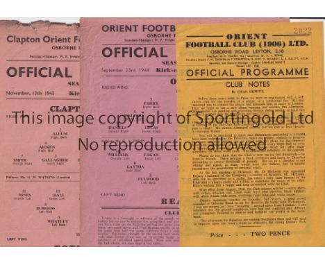 CLAPTON ORIENT TOTTENHAM HOTSPUR      3 home programmes, including 2 X FL South matches v Tottenham Hotspur 13/11/1943, Readi