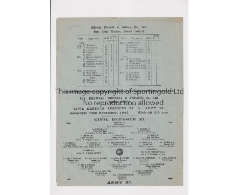 CIVIL DEFENCE XI V ARMY XI 1942 AT MILLWALL     Single sheet programme for the match at Millwall 14/11/1942, very slightly cr