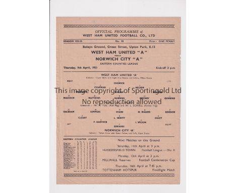 WEST HAM UNITED V NORWICH CITY 1953     Single sheet programme for the Eastern Counties League match at West Ham 9/4/1953, ve