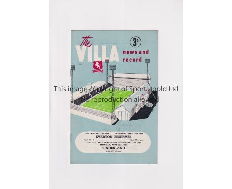 1963 LEAGUE CUP SEMI FINAL / ASTON VILLA V SUNDERLAND      Joint issue Villa programme for the 2nd Leg tie at Aston Villa 22/