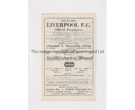 LIVERPOOL V NEWCASTLE UNITED 1945     Single sheet programme for the FL North match at Liverpool 3/11/1945, slightly creased.