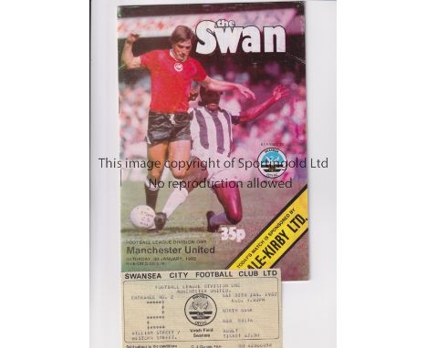 MANCHESTER UNITED     Programme and ticket for the away League match v Swansea City 30/1/1982.      Generally good
