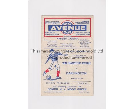 WALTHAMSTOW AVENUE V DARLINGTON 1954  FA CUP      Programme for the FA Cup second round tie at Walthamstow Avenue 11/12/1954.