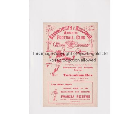 BOURNEMOUTH RESERVES V TOTTENHAM H RESERVES 1948   Single sheet for the reserves game at Bournemouth on 27/12/1948. Slight fo