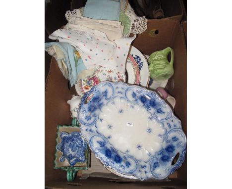 Box of assorted china to include floral plates, character mug, continental two handled floral pedestal vase etc., together wi