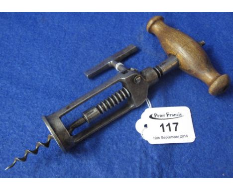 19th century steel corkscrew with turned wooden handle, unmarked. (B.P. 24% incl. VAT) 
