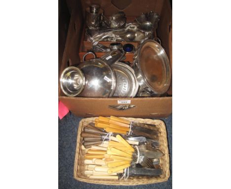 Box of assorted metalware to include large assortment of loose plated cutlery, entree dishes, various hip flasks, circular tr